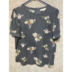 Soft Floral Charcoal Button-Down Short Sleeve Blouse By Loft Womens Botanical Pr